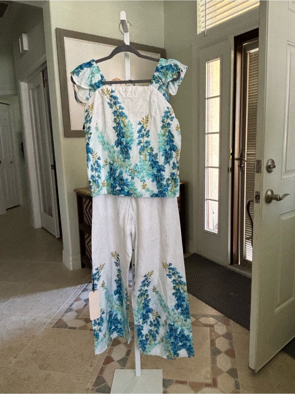 #118 White Floral Wide-Leg Jumpsuit with Teal & Blue Print